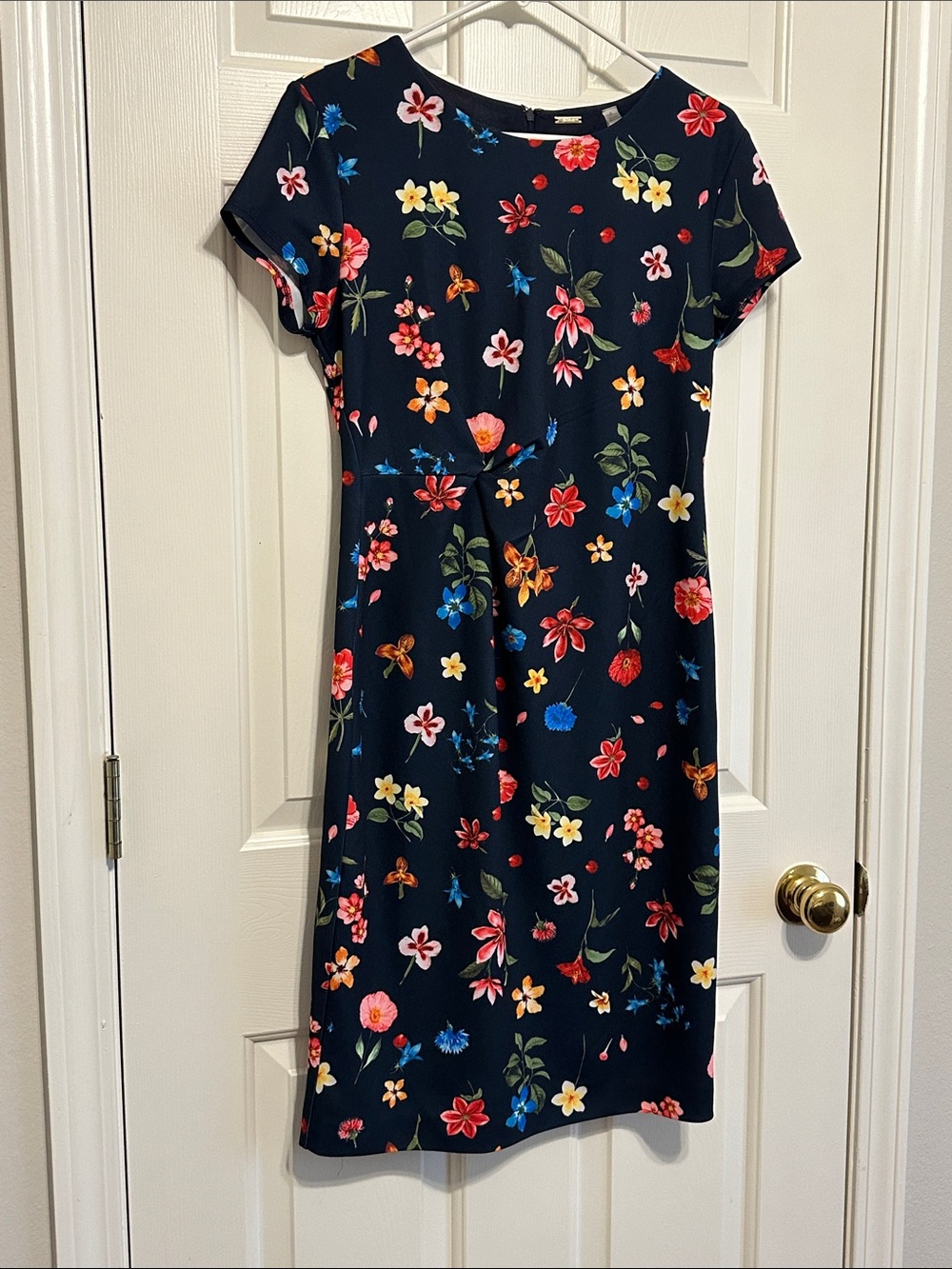 Tahari Navy Floral Midi Shift Dress